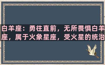 白羊座：勇往直前，无所畏惧白羊座，属于火象星座，受火星的统治，具有顽强的精神和强大的能量。白羊座的人喜欢冲锋陷阵，敢于尝试新事物，追求自由和刺激，寻求挑战和胜利